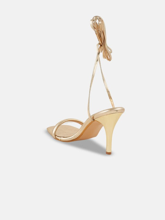 Women’s Gold Lace-Up Stiletto Sandals – Square Toe Gladiator Heels